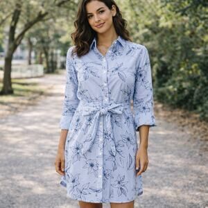 Untuckit For Her SZ 6 Lily Shirt Dress Blue/White Stripe Floral LS Belte32d
